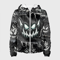 Куртка с капюшоном женская Облик монстра на пэчворк джинсах, цвет: 3D-белый