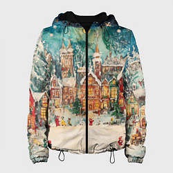 Куртка с капюшоном женская Новогодний снежный город, цвет: 3D-черный