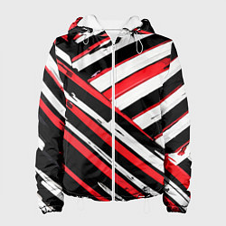 Куртка с капюшоном женская Красно-белые диагональные полосы на чёрном фоне, цвет: 3D-белый