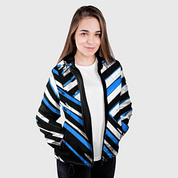 Куртка с капюшоном женская Бело-синие диагональные полосы на чёрном фоне, цвет: 3D-черный — фото 2