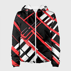 Куртка с капюшоном женская Красно-белые линии на чёрном фоне, цвет: 3D-белый