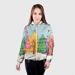 Куртка с капюшоном женская Разноцветные елочки и деревья, цвет: 3D-белый — фото 2