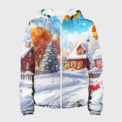 Куртка с капюшоном женская Новогодний пейзаж и домики, цвет: 3D-белый