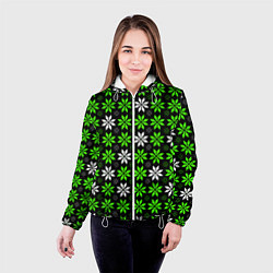 Куртка с капюшоном женская Бело-зелёные звёзды на чёрном фоне, цвет: 3D-белый — фото 2