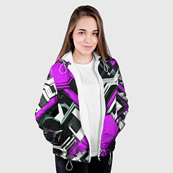 Куртка с капюшоном женская Бело-фиолетовый техно паттерн на чёрном фоне, цвет: 3D-белый — фото 2