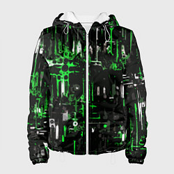 Женская куртка Бело-зелёная тревожная абстракция на чёрном фоне