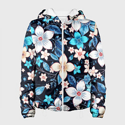 Куртка с капюшоном женская Сине-белые цветы на чёрном фоне, цвет: 3D-белый