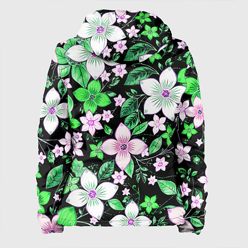 Женская куртка Зелёно-белые цветы на чёрном фоне / 3D-Черный – фото 2