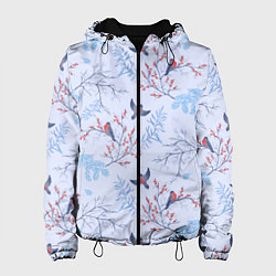 Куртка с капюшоном женская Снегири и зимние ветки, цвет: 3D-черный