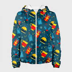 Куртка с капюшоном женская Новогодний сладкий паттерн, цвет: 3D-белый