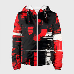 Куртка с капюшоном женская Красно-белый гранж на чёрном фоне, цвет: 3D-белый