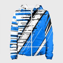 Куртка с капюшоном женская Чёрно-белые глитч полосы на синем фоне, цвет: 3D-белый