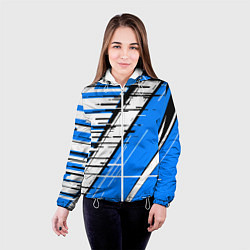 Куртка с капюшоном женская Чёрно-белые глитч полосы на синем фоне, цвет: 3D-белый — фото 2