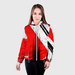 Куртка с капюшоном женская Вертикальные чёрные линии на красно-белом фоне, цвет: 3D-белый — фото 2