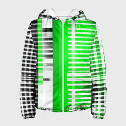 Куртка с капюшоном женская Белые полосы на зелёно-чёрном фоне, цвет: 3D-белый