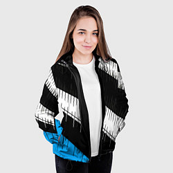 Куртка с капюшоном женская Диагональные чёрно-белые полосы на синем фоне, цвет: 3D-черный — фото 2