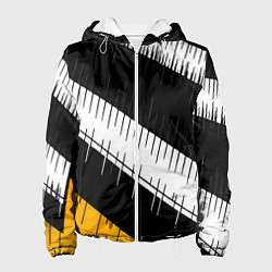 Куртка с капюшоном женская Диагональные чёрно-белые полосы на жёлтом фоне, цвет: 3D-белый