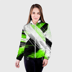 Куртка с капюшоном женская Диагональные бело-зелёные линии на чёрном фоне, цвет: 3D-белый — фото 2