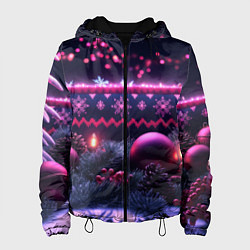 Куртка с капюшоном женская Новый год в фиолетовом свете, цвет: 3D-черный