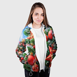 Куртка с капюшоном женская Красные шары и звезда новогодняя, цвет: 3D-белый — фото 2