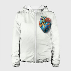 Куртка с капюшоном женская Металлическое сердце кораллы и цветы, цвет: 3D-белый
