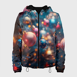 Куртка с капюшоном женская Красные и синие шары на фоне елки, цвет: 3D-черный