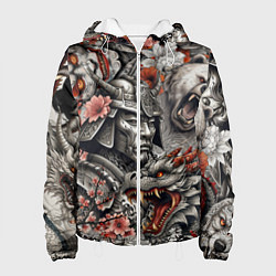 Куртка с капюшоном женская Самурай дракон и японские мифические существа, цвет: 3D-белый