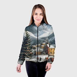 Куртка с капюшоном женская Новогодняя огромная елка и маленькие домики, цвет: 3D-черный — фото 2