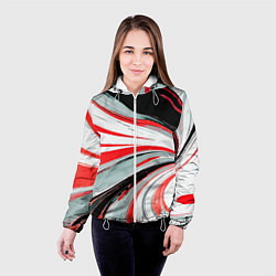 Куртка с капюшоном женская Волнистые бело-красные линии на чёрном фоне, цвет: 3D-белый — фото 2
