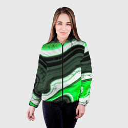 Куртка с капюшоном женская Волнистые горизонтальные чёрно-зелёные полосы на б, цвет: 3D-черный — фото 2