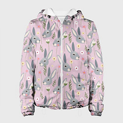 Куртка с капюшоном женская Серый заяц с цветами, цвет: 3D-белый