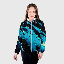 Куртка с капюшоном женская Синие волны краски на черном, цвет: 3D-белый — фото 2