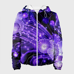 Куртка с капюшоном женская Силуэты цветов на темном фоне - фиолетовое свечени, цвет: 3D-белый