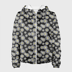 Куртка с капюшоном женская Белые цветы ромашки на черном в мелкий горошек, цвет: 3D-белый