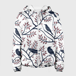Куртка с капюшоном женская Вороны на ветках, цвет: 3D-белый