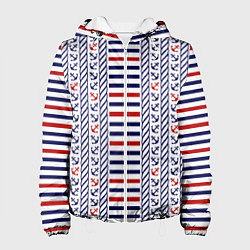 Куртка с капюшоном женская Полосатый морской орнамент с якорями, цвет: 3D-белый