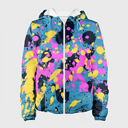 Куртка с капюшоном женская Брызги краски розовой желтой и темно синей, цвет: 3D-белый