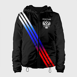 Куртка с капюшоном женская Герб и полосы с цветами флага России на чёрном, цвет: 3D-черный