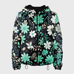 Куртка с капюшоном женская Чёрный в зелёный цветочек стилизованный, цвет: 3D-черный