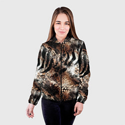 Куртка с капюшоном женская Змеиная кожа и полоски зебры микс - сафари паттерн, цвет: 3D-черный — фото 2