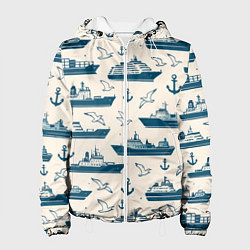Куртка с капюшоном женская Морской паттерн из чаек, якорей и кораблей, цвет: 3D-белый