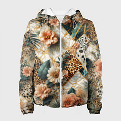 Куртка с капюшоном женская Цветы на кусках мрамора и леопардовом узоре, цвет: 3D-белый