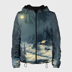 Куртка с капюшоном женская Лунная зимняя ночь в лесу у реки, цвет: 3D-черный