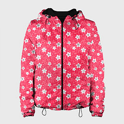 Куртка с капюшоном женская Красный узор в горошек с цветами ретро, цвет: 3D-черный