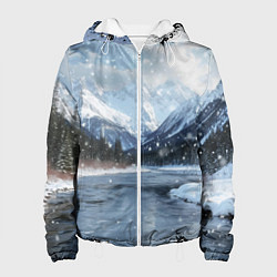 Куртка с капюшоном женская Снежный горный пейзаж с елями и рекой, цвет: 3D-белый