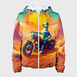 Куртка с капюшоном женская Робот Бендер на мотоцикле в пустыне, цвет: 3D-белый