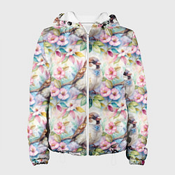 Куртка с капюшоном женская Воробей в ярких цветах паттерн, цвет: 3D-белый