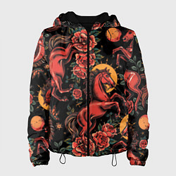 Куртка с капюшоном женская Красная лошадь с розами, цвет: 3D-черный