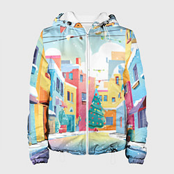 Куртка с капюшоном женская Разноцветный новогодний дворик, цвет: 3D-белый