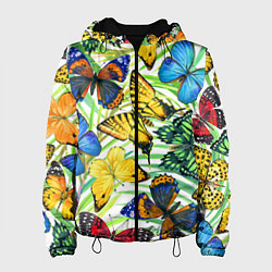 Куртка с капюшоном женская Тропические бабочки, цвет: 3D-черный